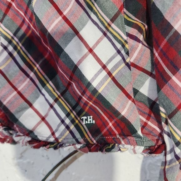 Tommy Hilfiger plaid red green white ruffle button down long sleeve blouse small - Picture 10 of 13